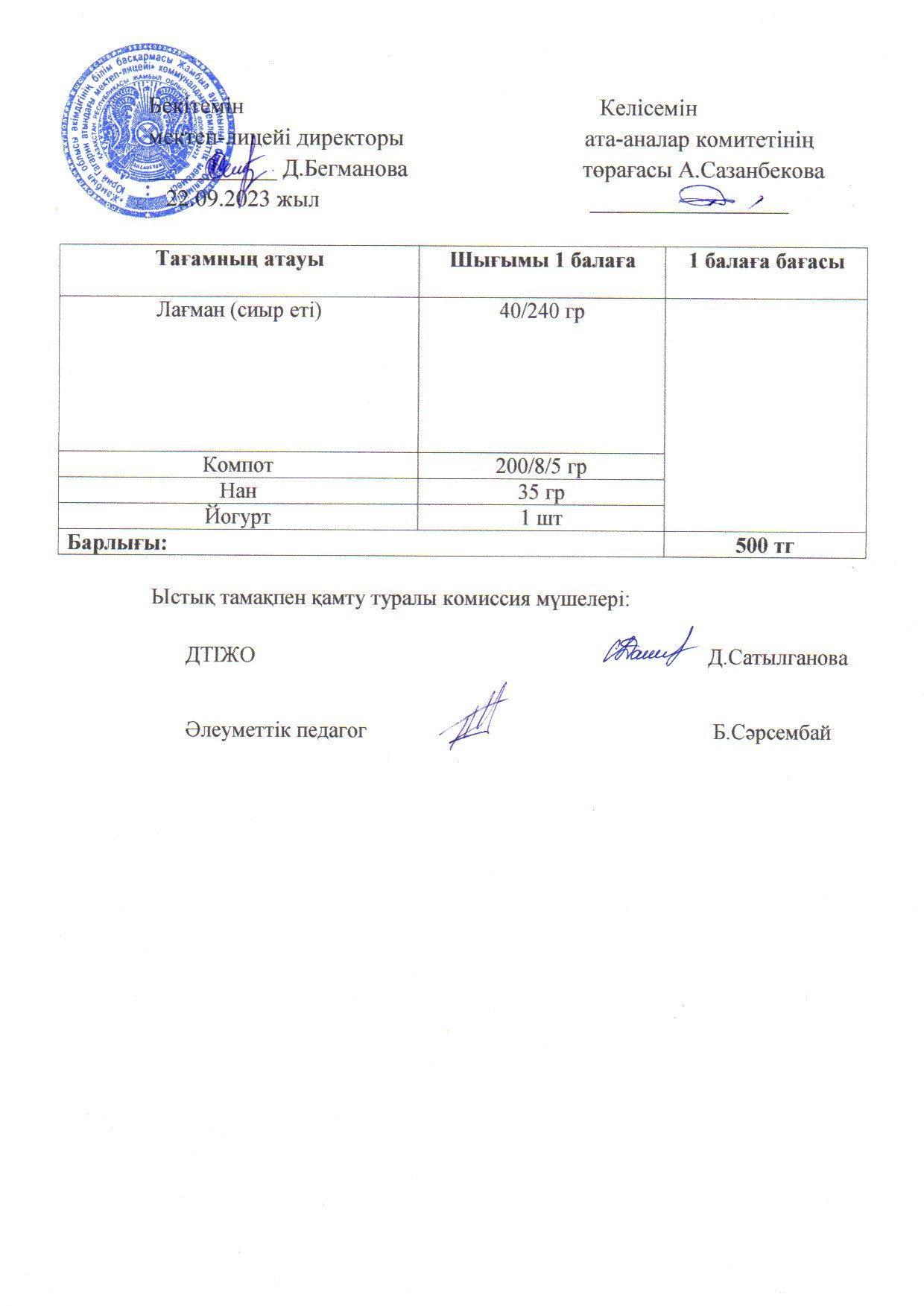 2023-2024 оқу жылы ыстық тамақ қыркүйек 3 апта ас мәзірі
