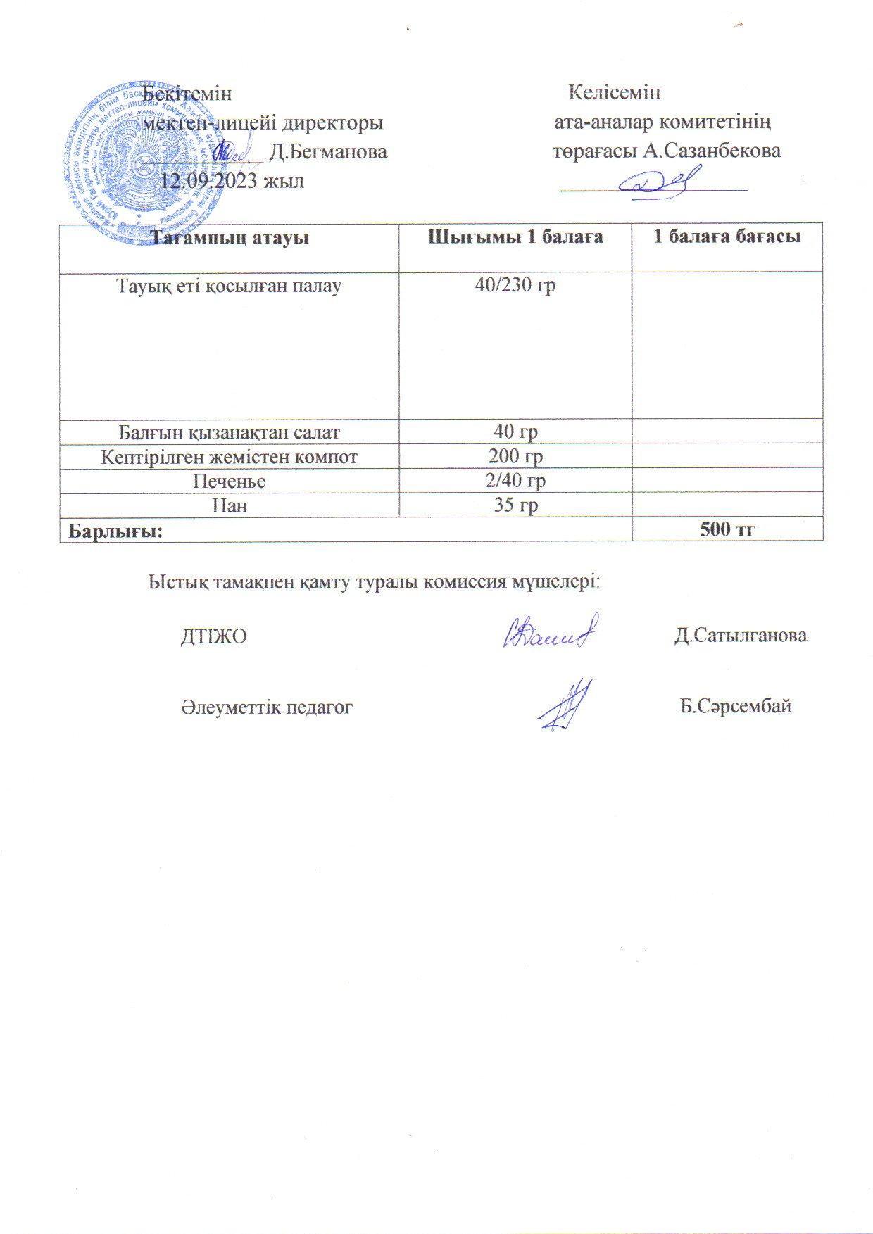 Қыркүйек айының 12 күнгі меню