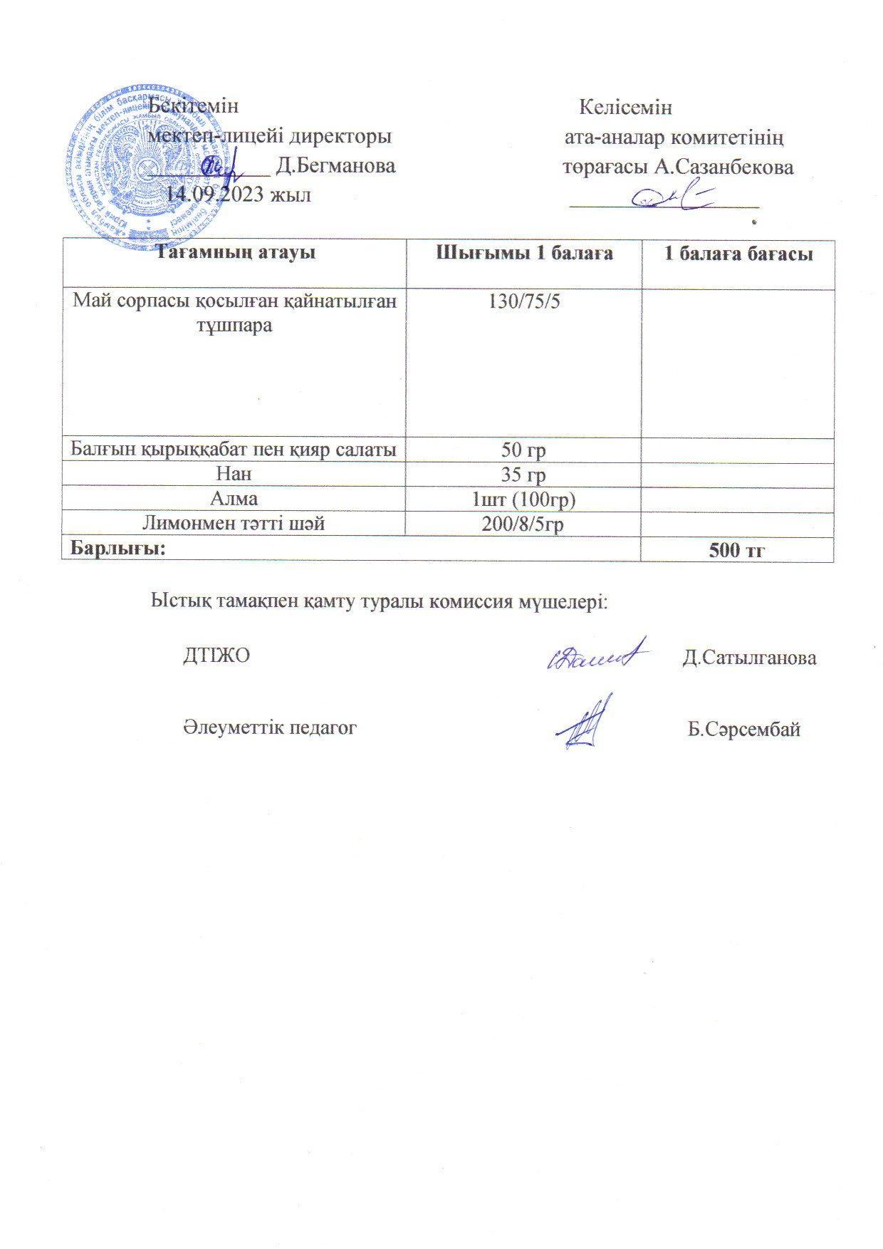 Қыркүйек айының 14 күнгі меню