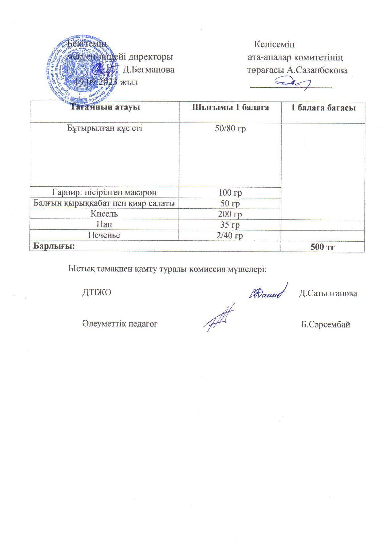Қыркүйек айының 19 күнгі меню