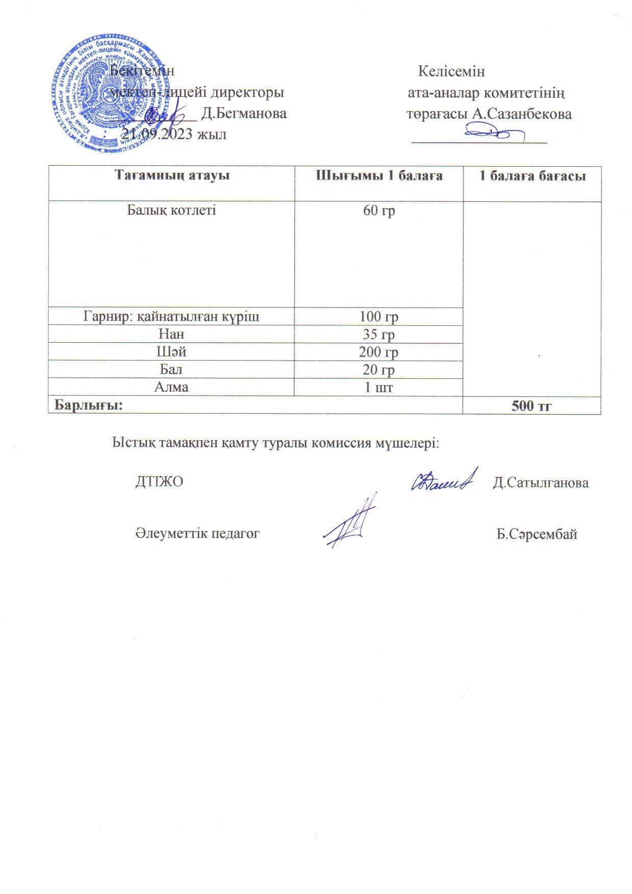 Қыркүйек айының 21 күнгі меню