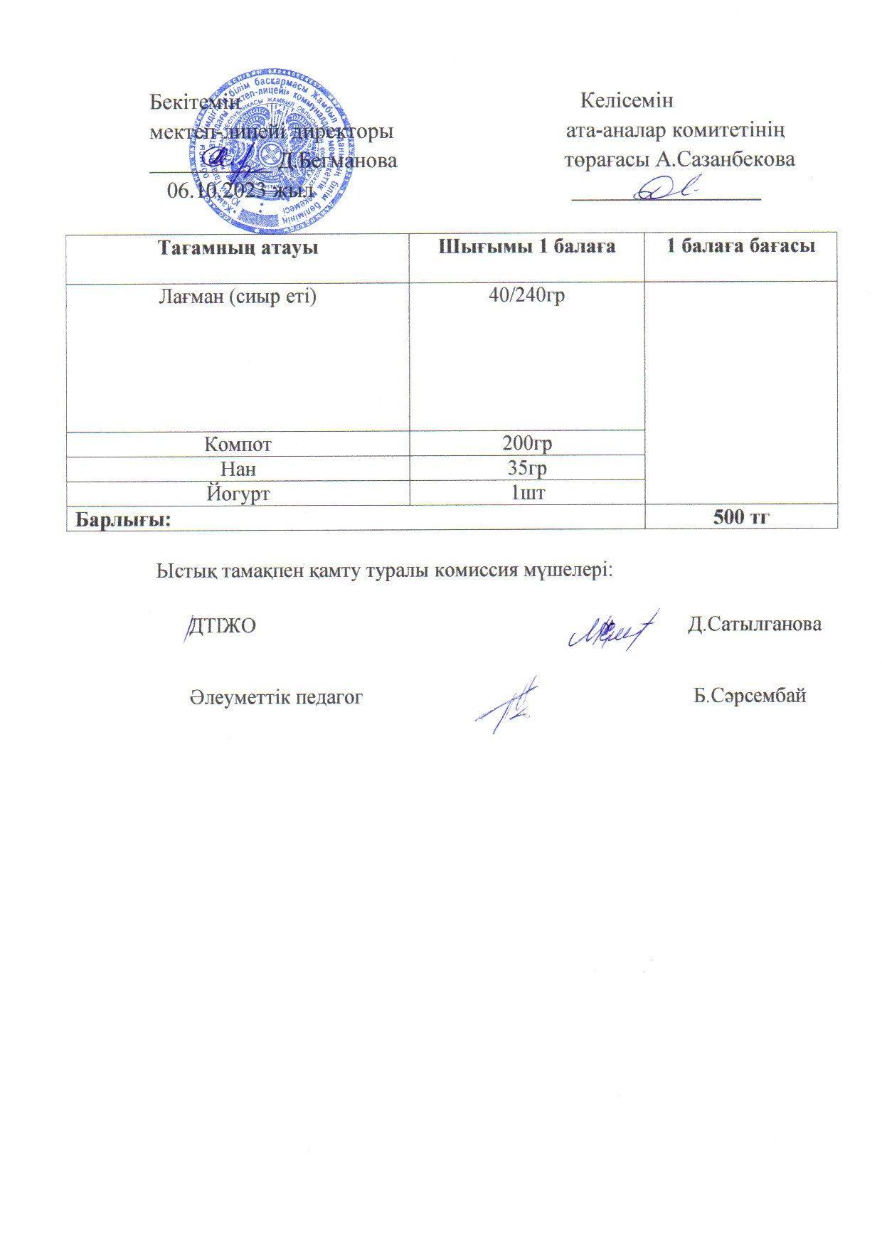 2023-2024 қазан айының 6 күнгі меню