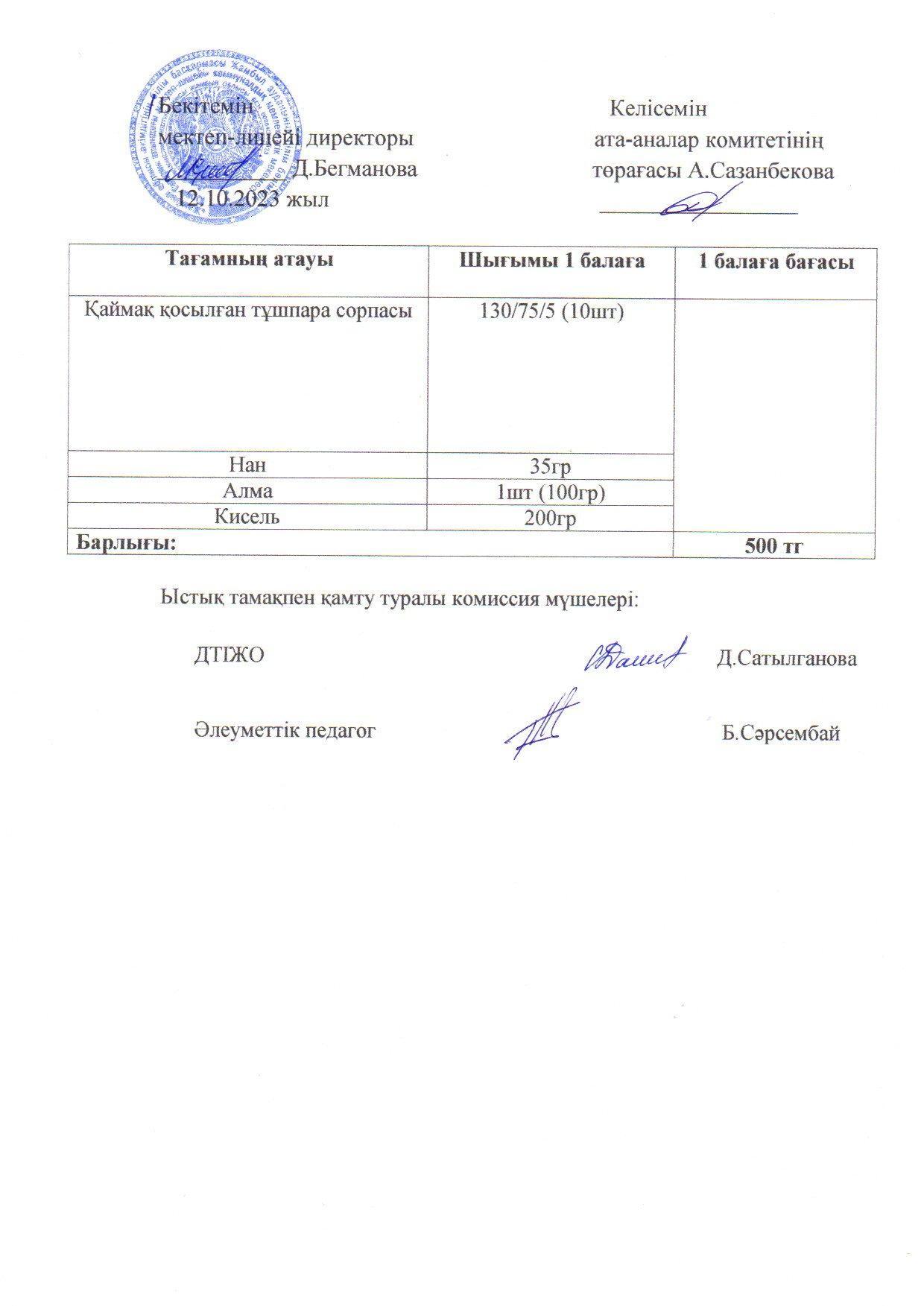 2023-2024 қазан айының 12 күнгі меню
