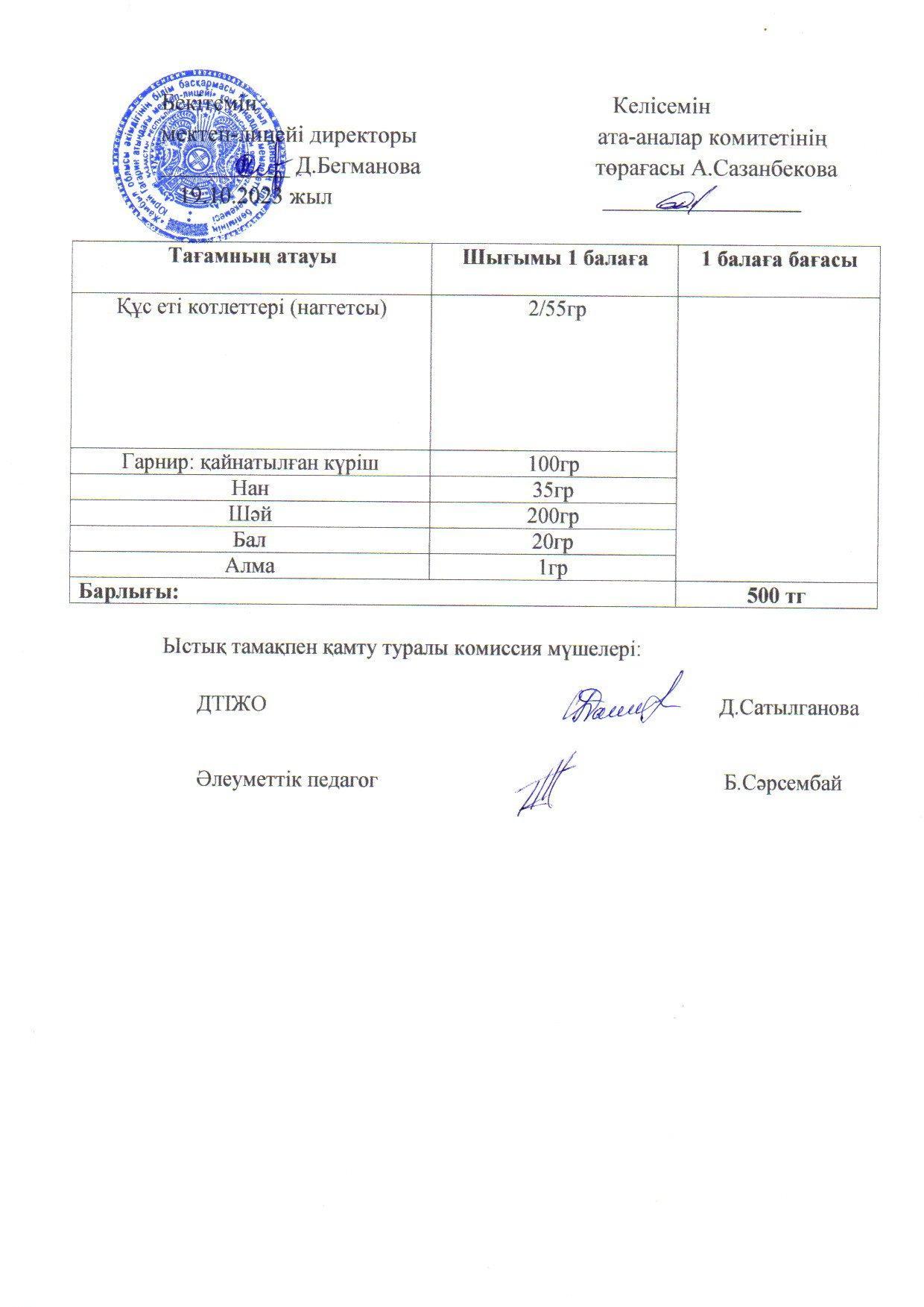 2023-2024 қазан айының 19 күнгі меню