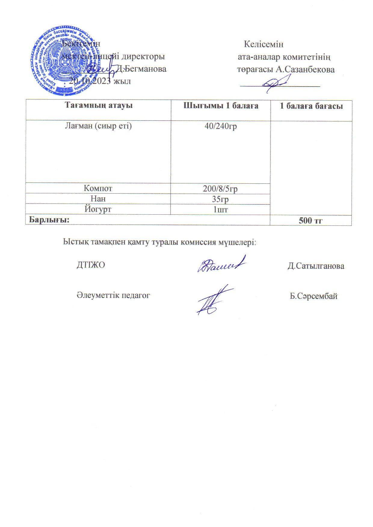 2023-2024 қазан айының 20 күнгі меню