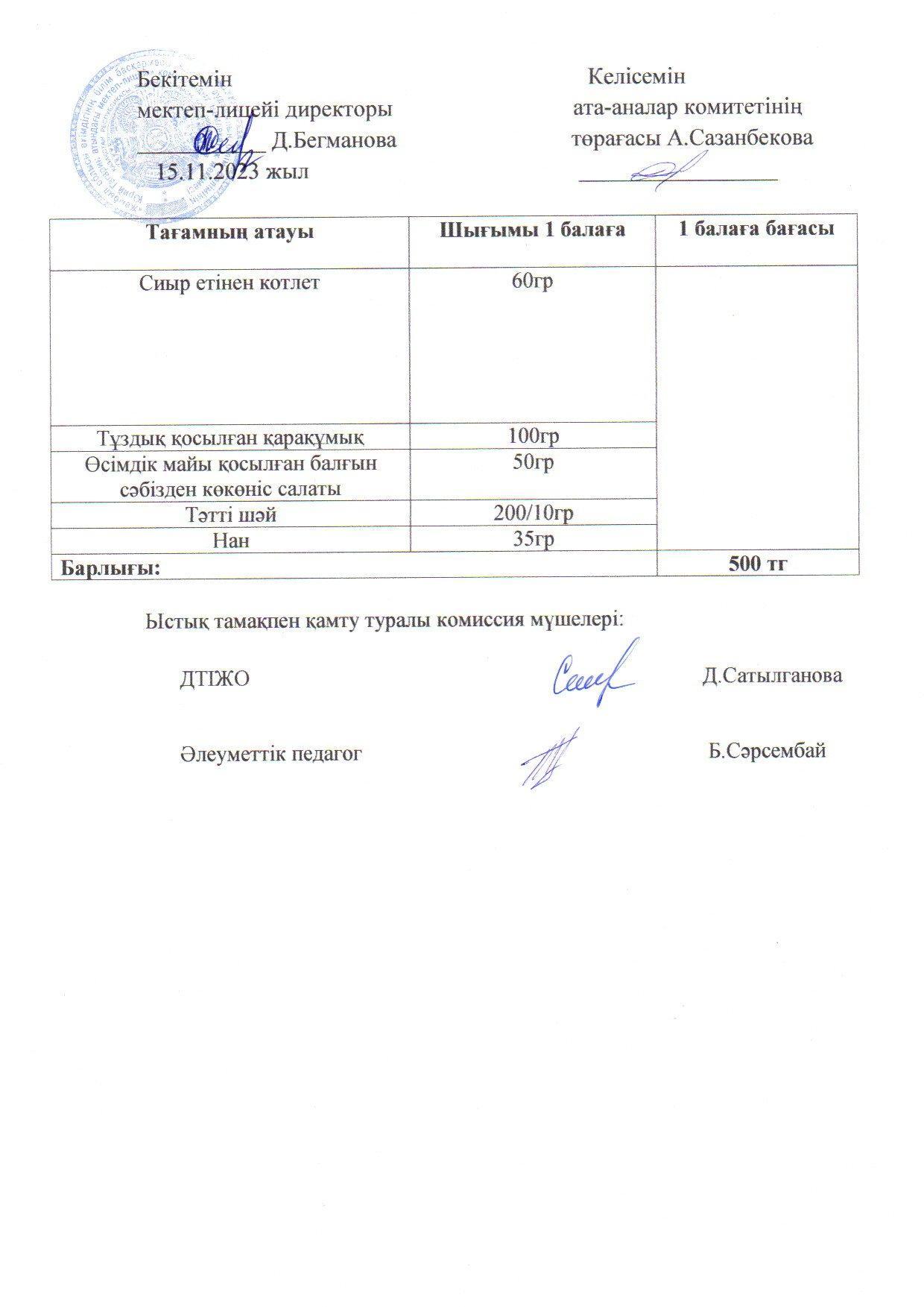 2023-2024 қараша айының 15 күнгі меню
