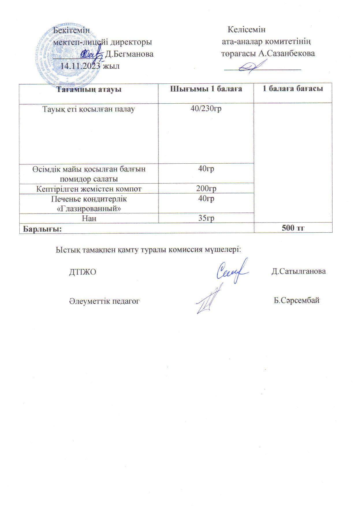 2023-2024 қараша айының 14 күнгі меню