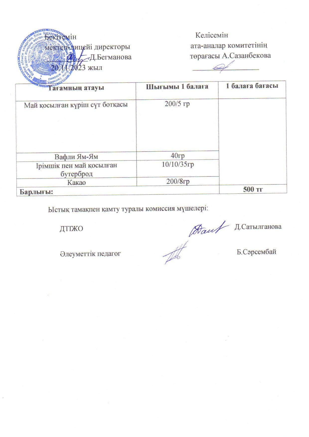 2023-2024 қараша айының 20 күнгі меню