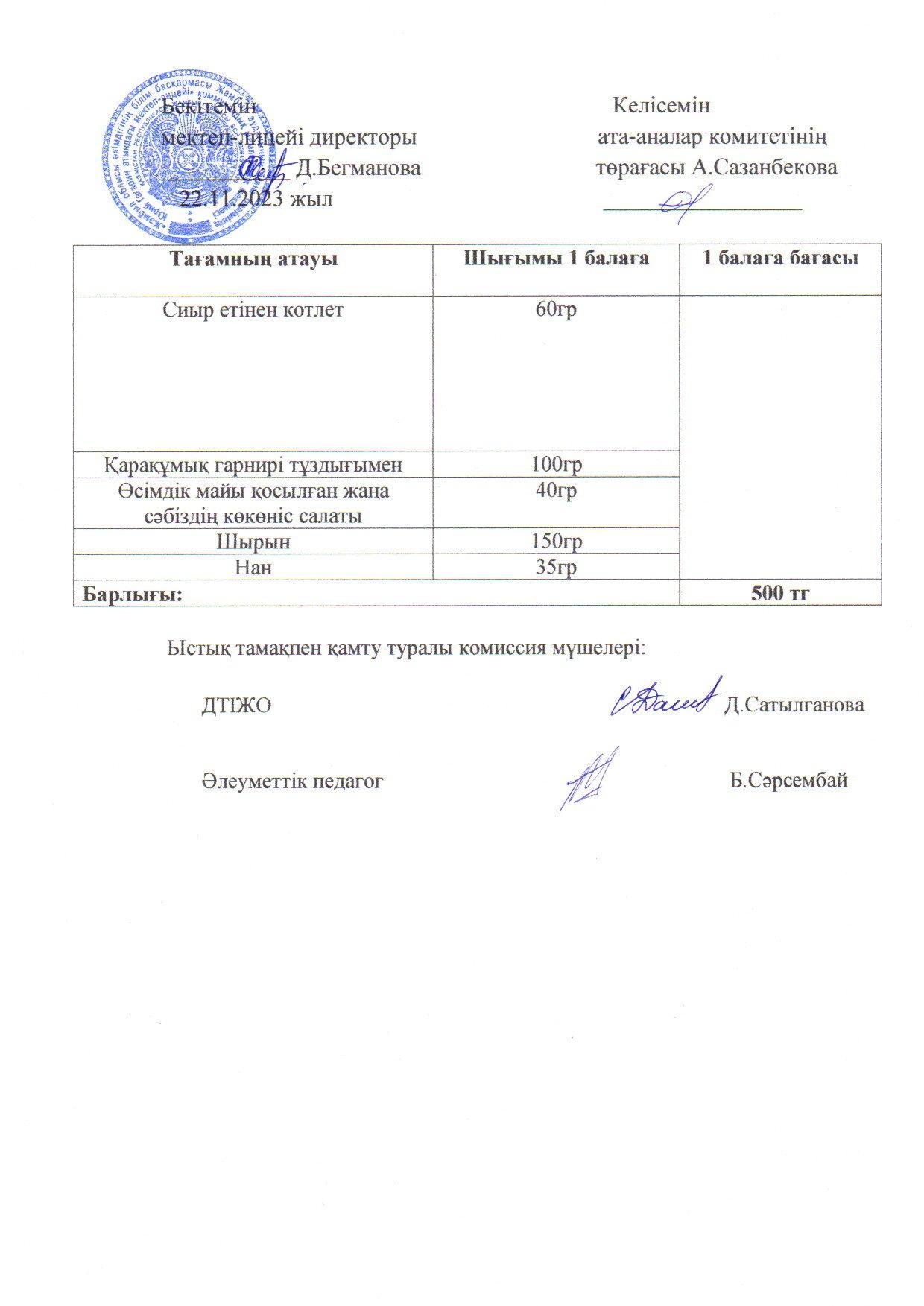 2023-2024 қараша айының 22 күнгі меню