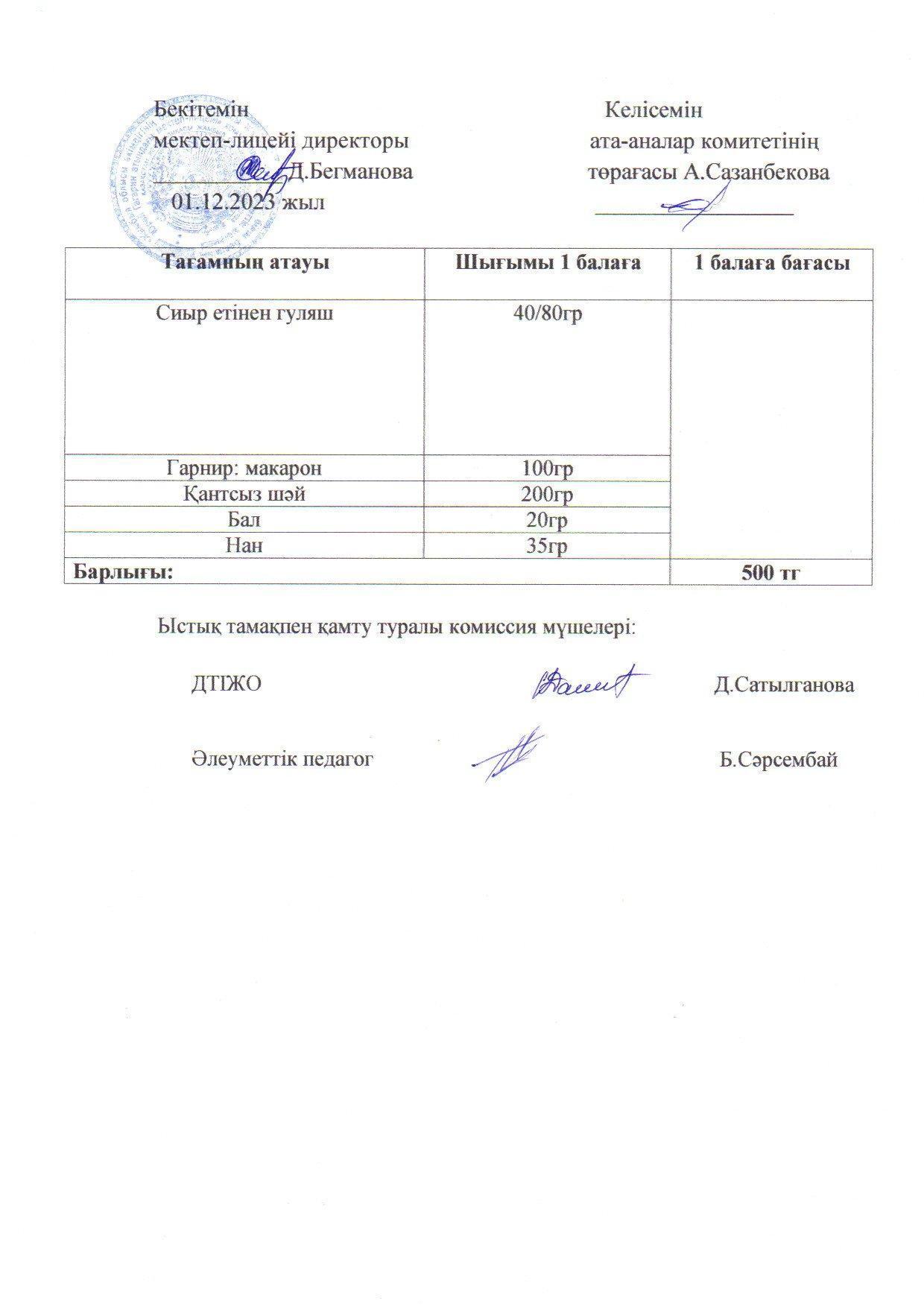 2023-2024 Желтоқсан айының  1 күнгі меню