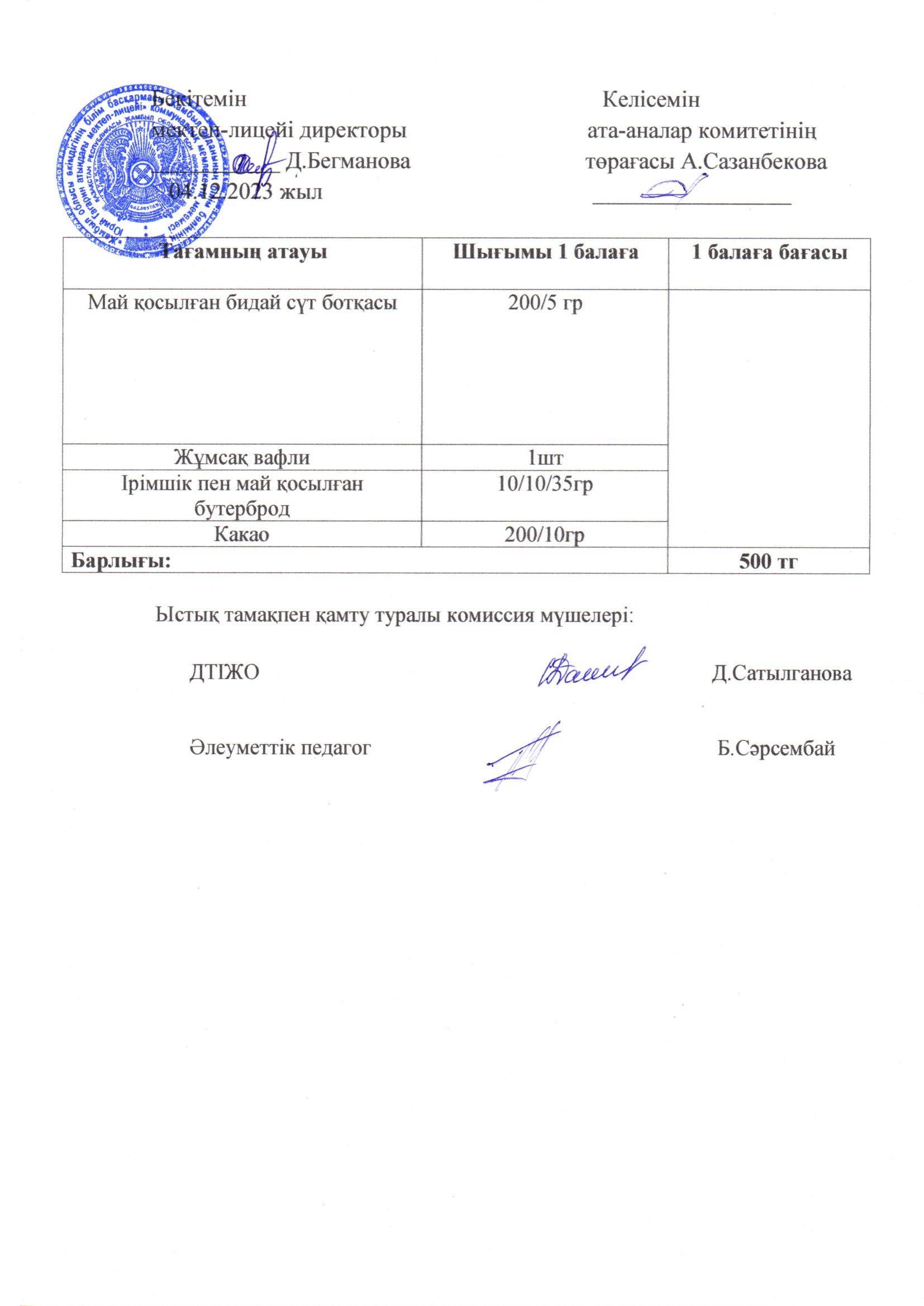 2023-2024 Желтоқсан айының  4 күнгі меню