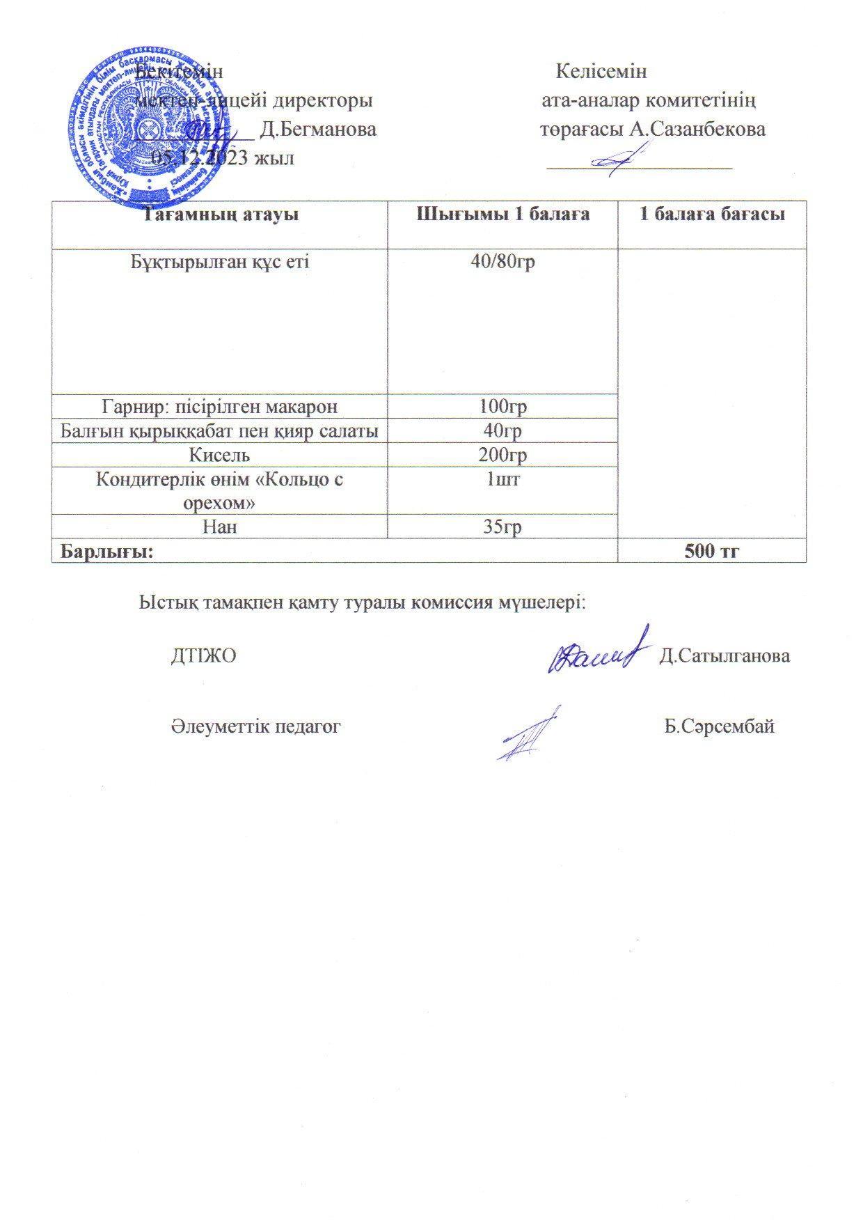 2023-2024 Желтоқсан айының  5 күнгі меню