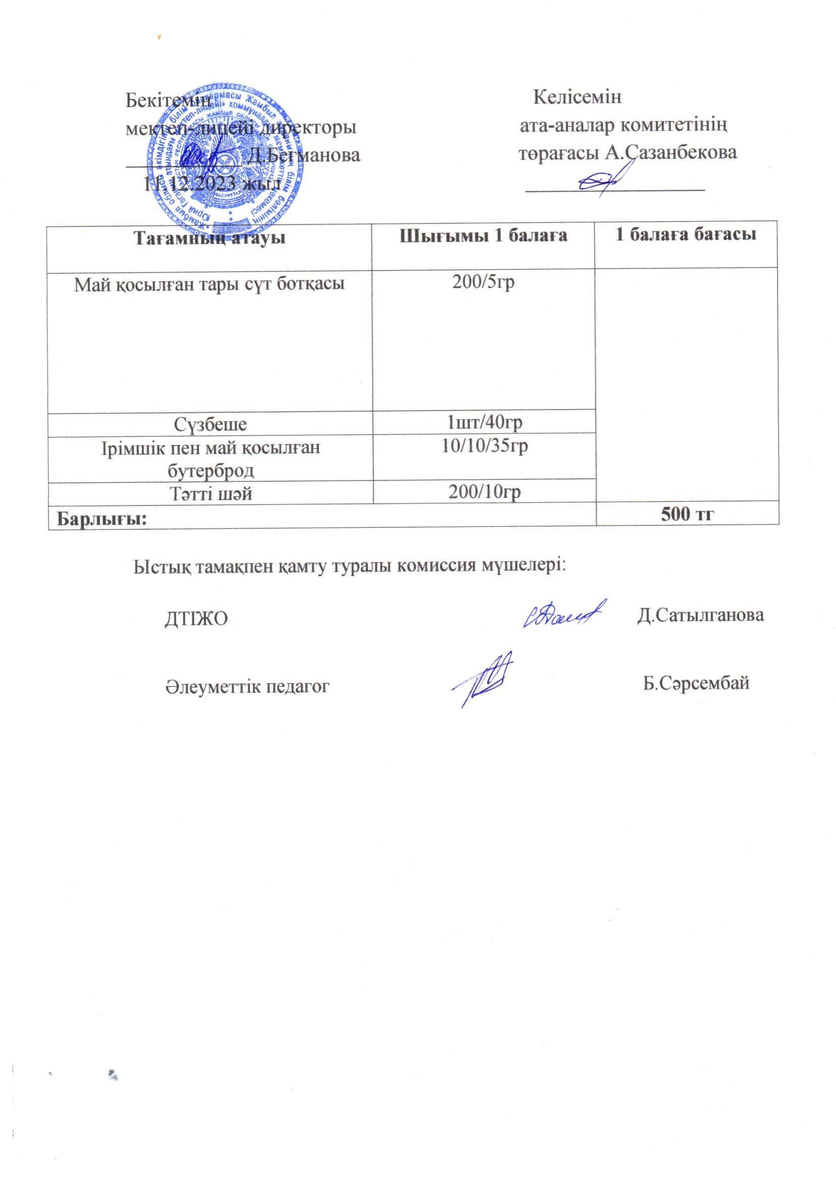 2023-2024 Желтоқсан айының  11 күнгі меню