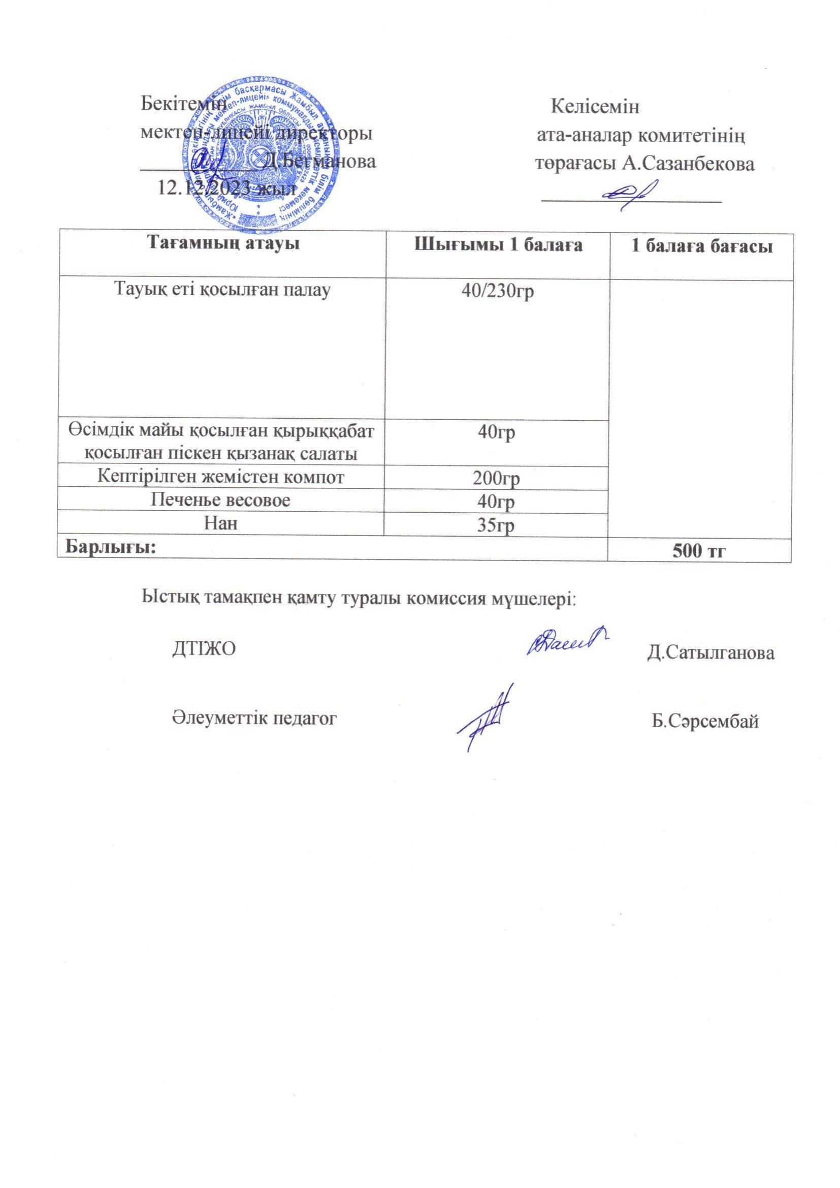 2023-2024 Желтоқсан айының  12 күнгі меню