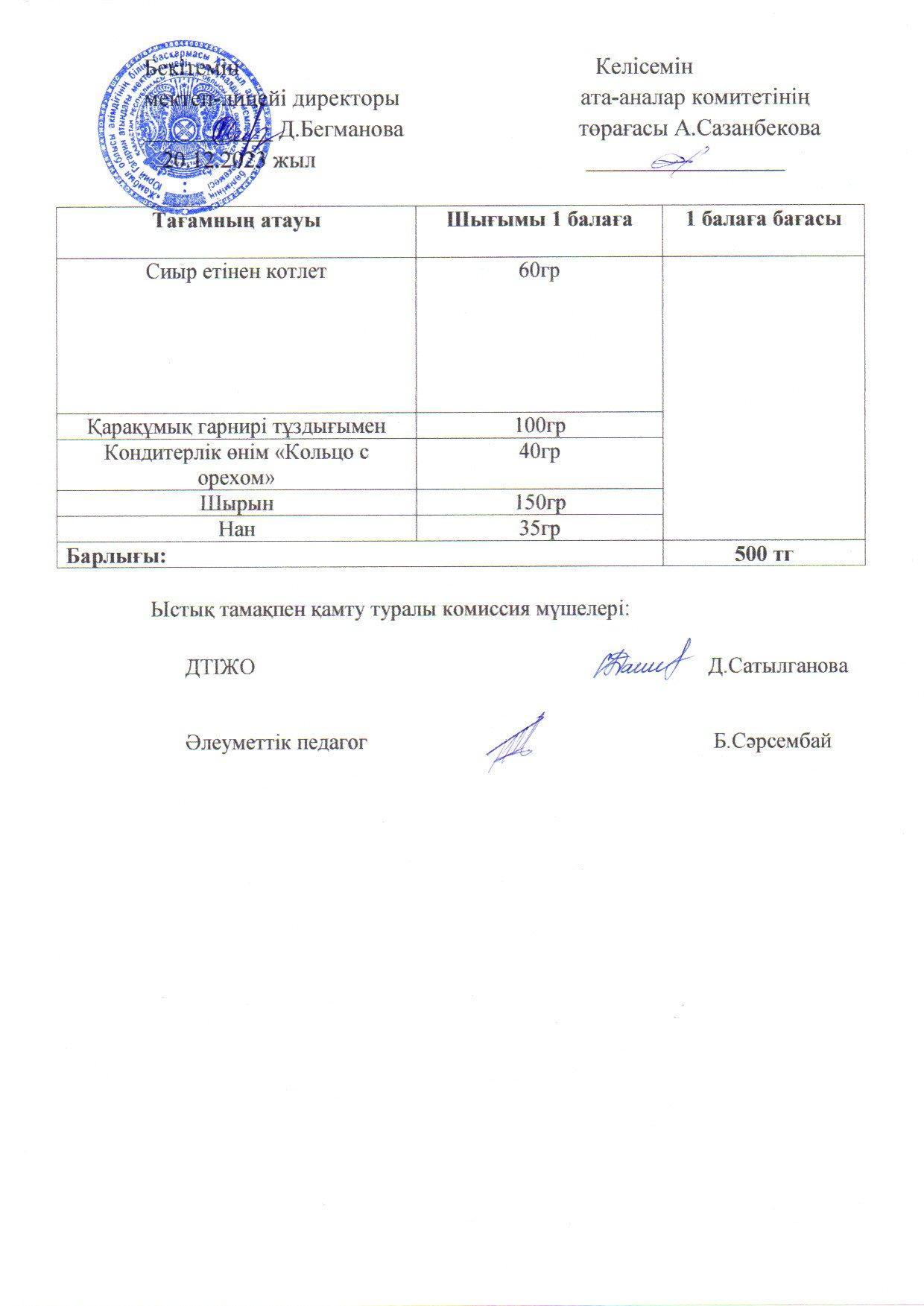 2023-2024 Желтоқсан айының  20 күнгі меню