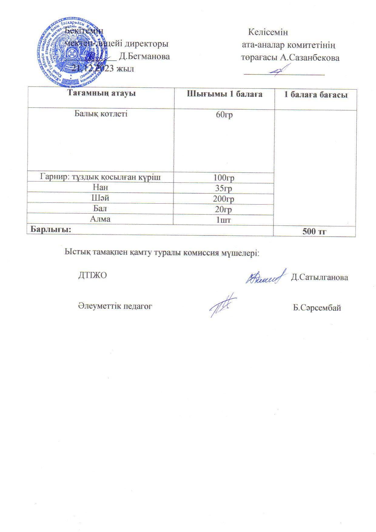 2023-2024 Желтоқсан айының  21 күнгі меню