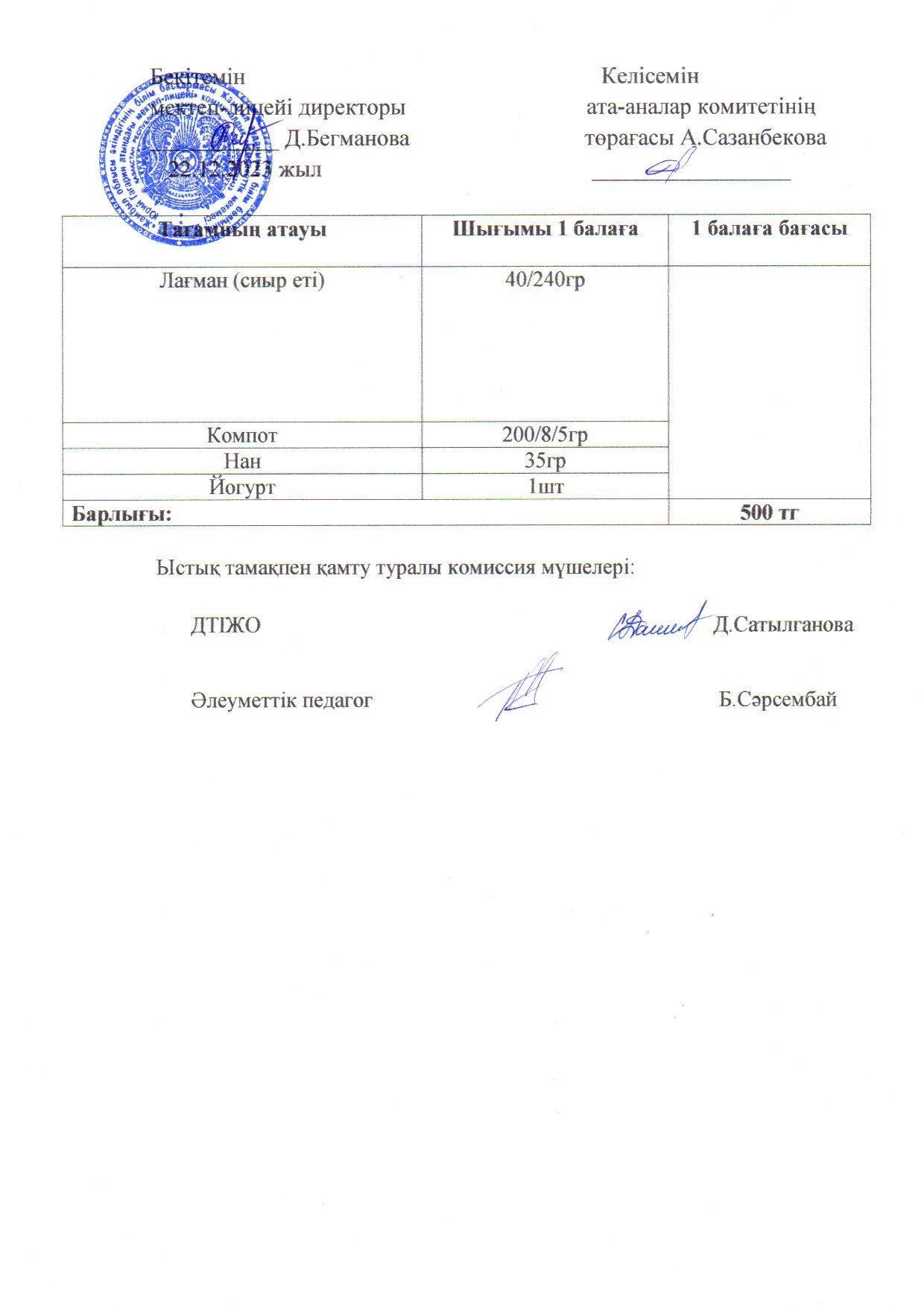 2023-2024 Желтоқсан айының  22 күнгі меню