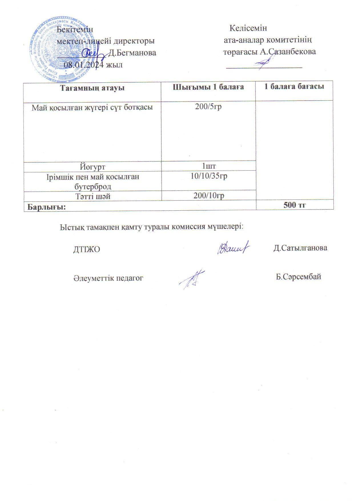 2023-2024 Қаңтар айының  8 күнгі меню