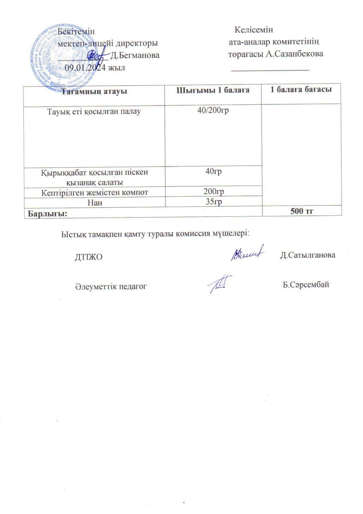 2023-2024 Қаңтар айының  9 күнгі меню