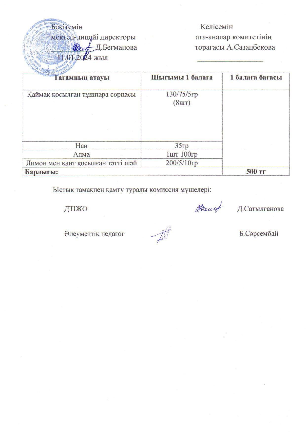 2023-2024 Қаңтар айының 11 күнгі меню