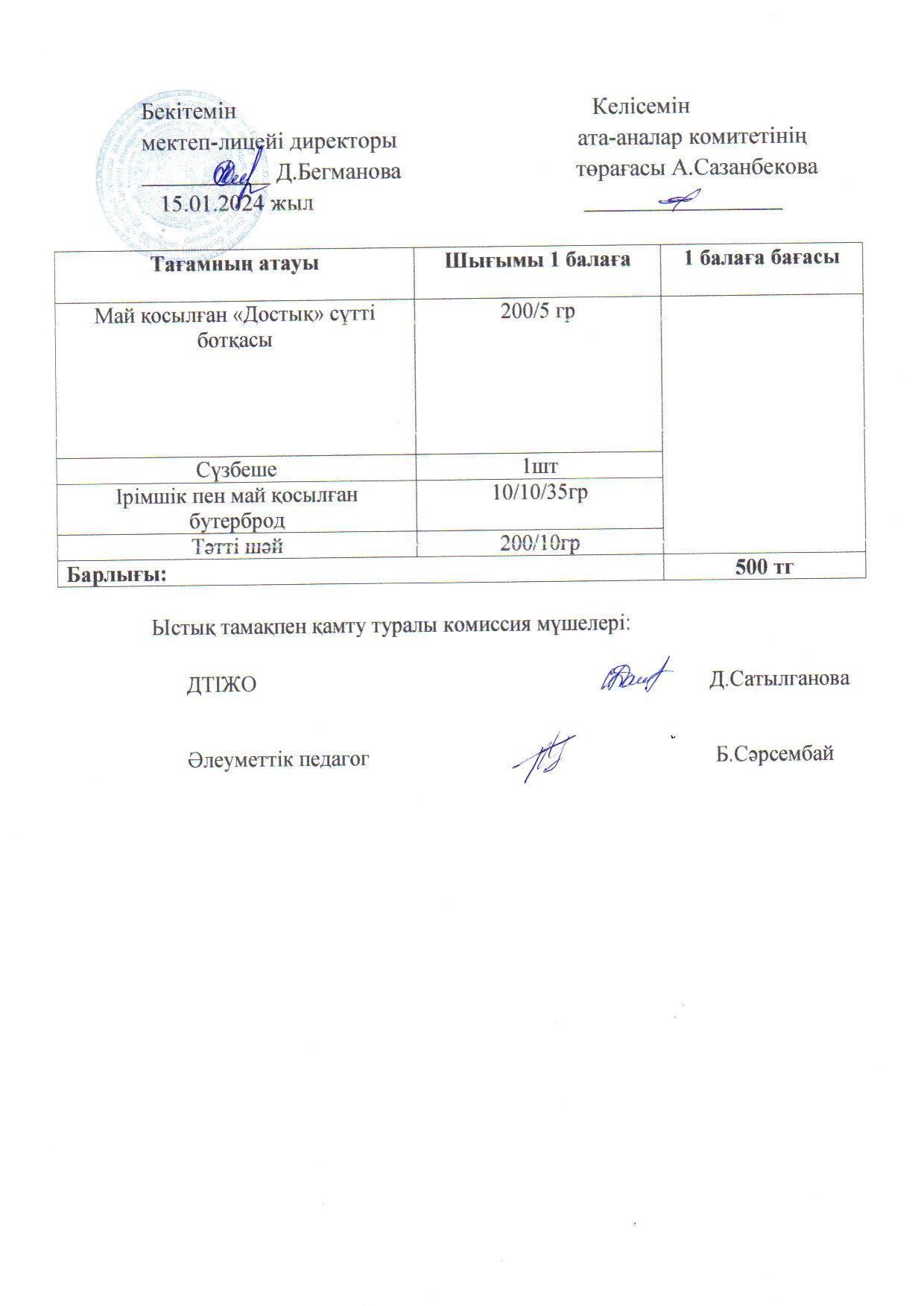 2023-2024 Қаңтар айының  15 күнгі меню