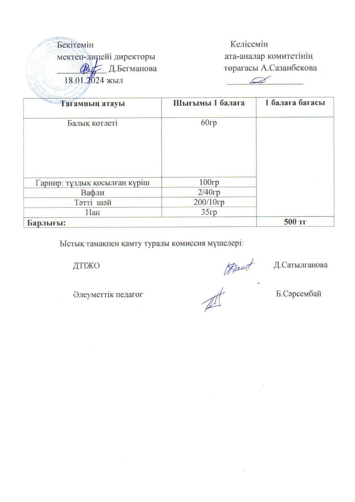 2023-2024 Қаңтар айының  18 күнгі меню