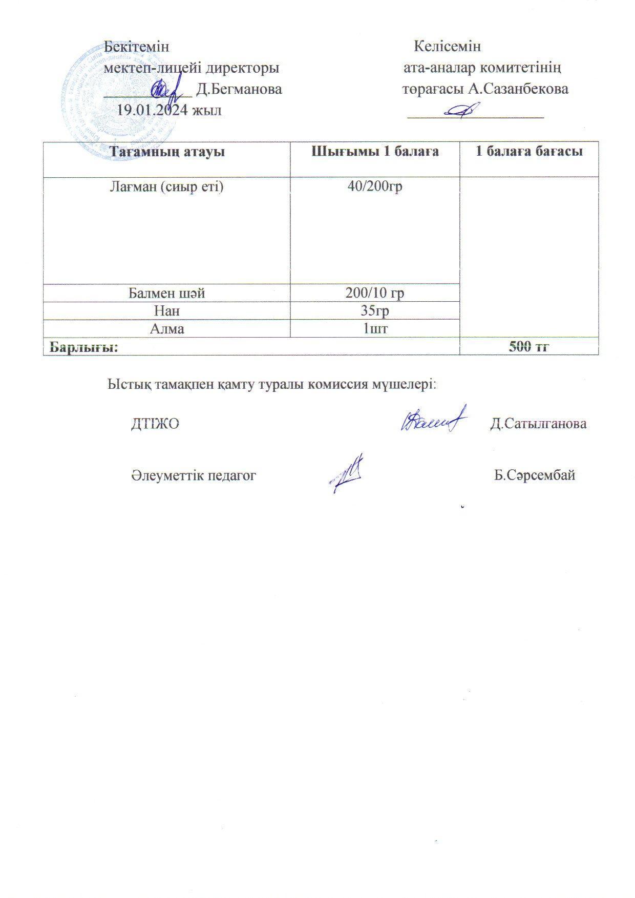 2023-2024 Қаңтар айының  19 күнгі меню