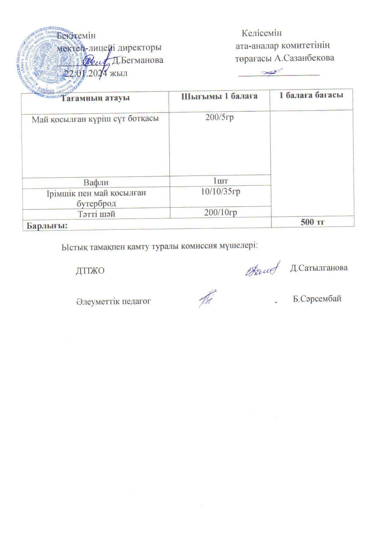2023-2024 Қаңтар айының  22 күнгі меню