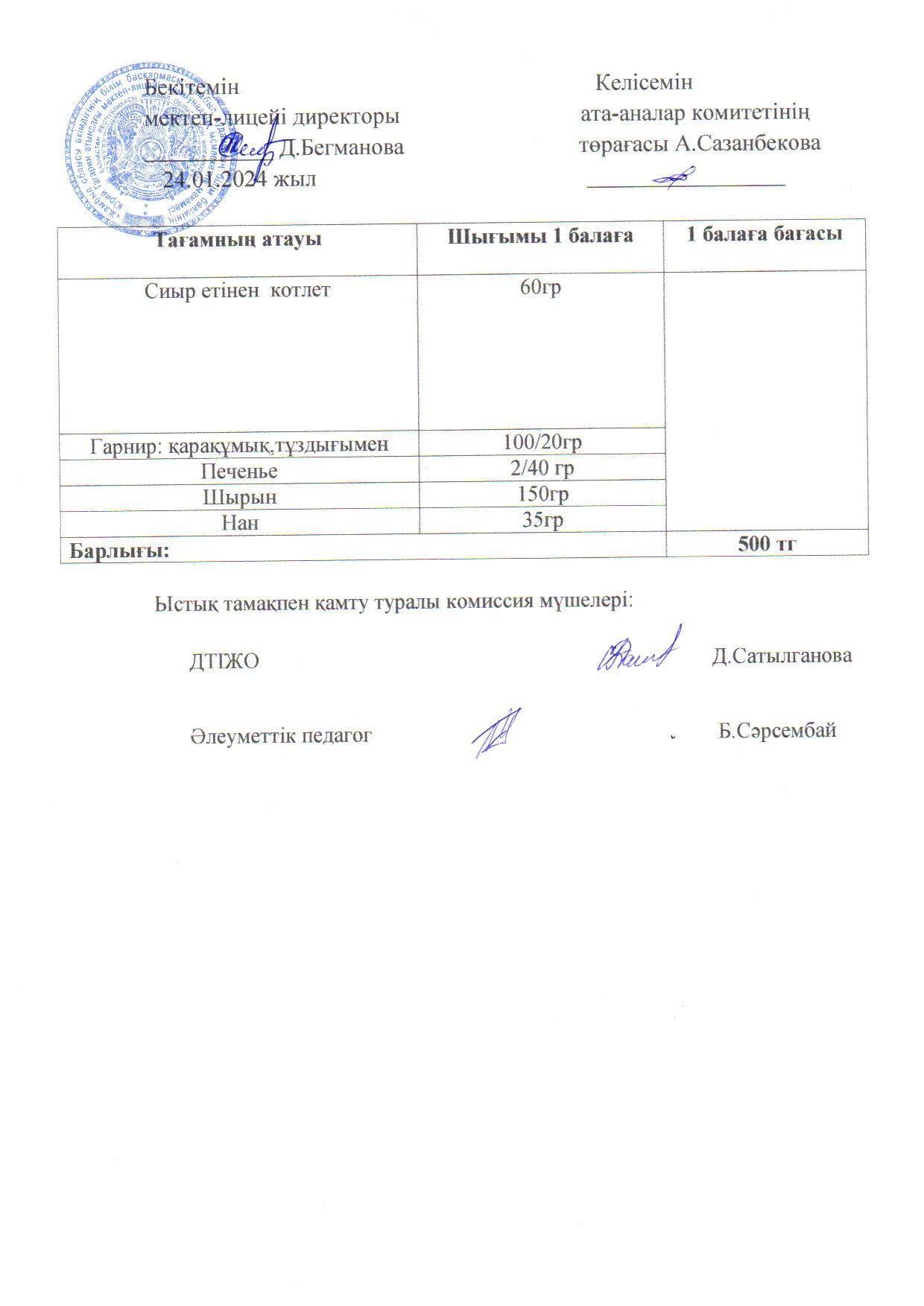 2023-2024 Қаңтар айының  24 күнгі меню