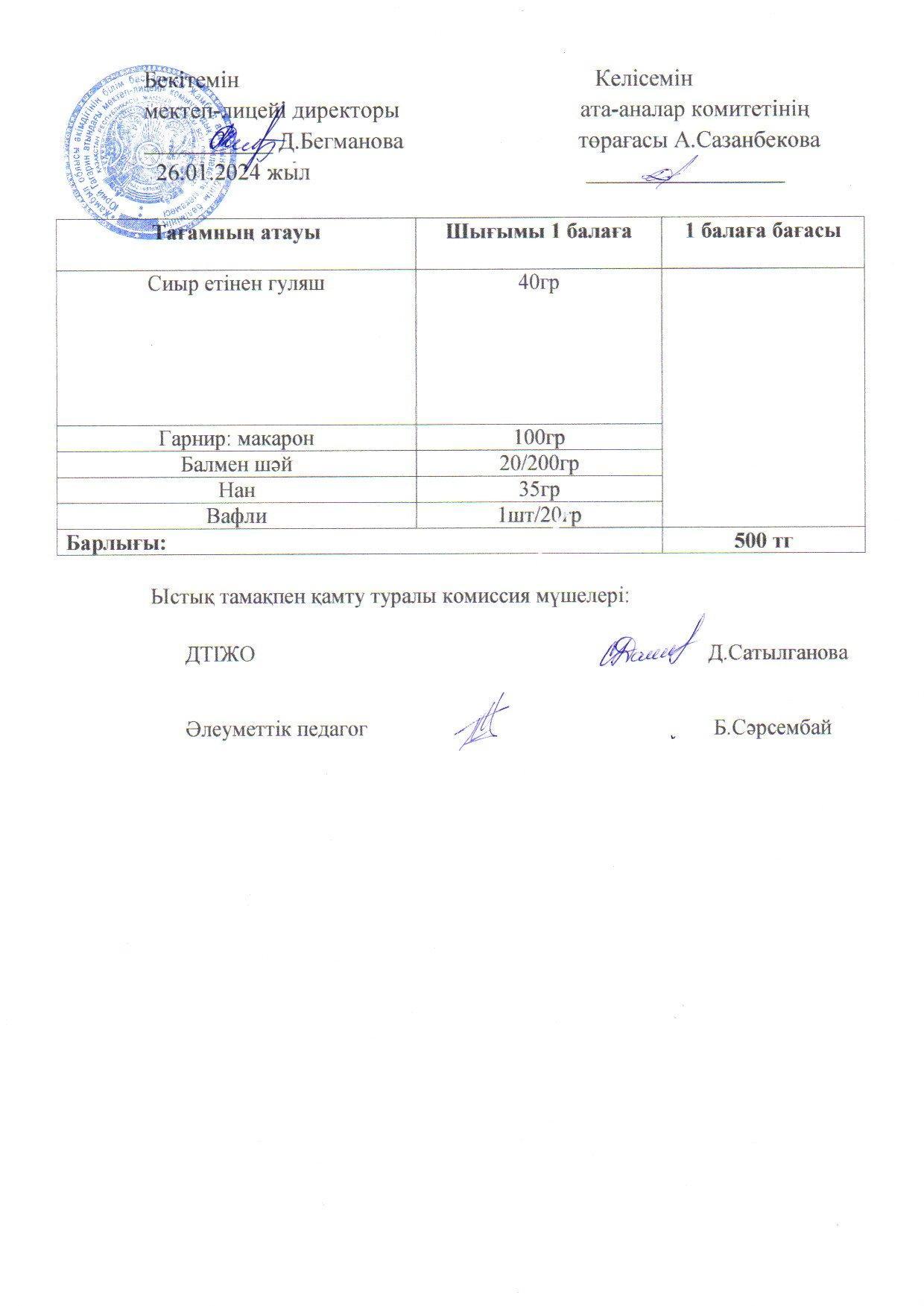 2023-2024 Қаңтар айының  26 күнгі меню