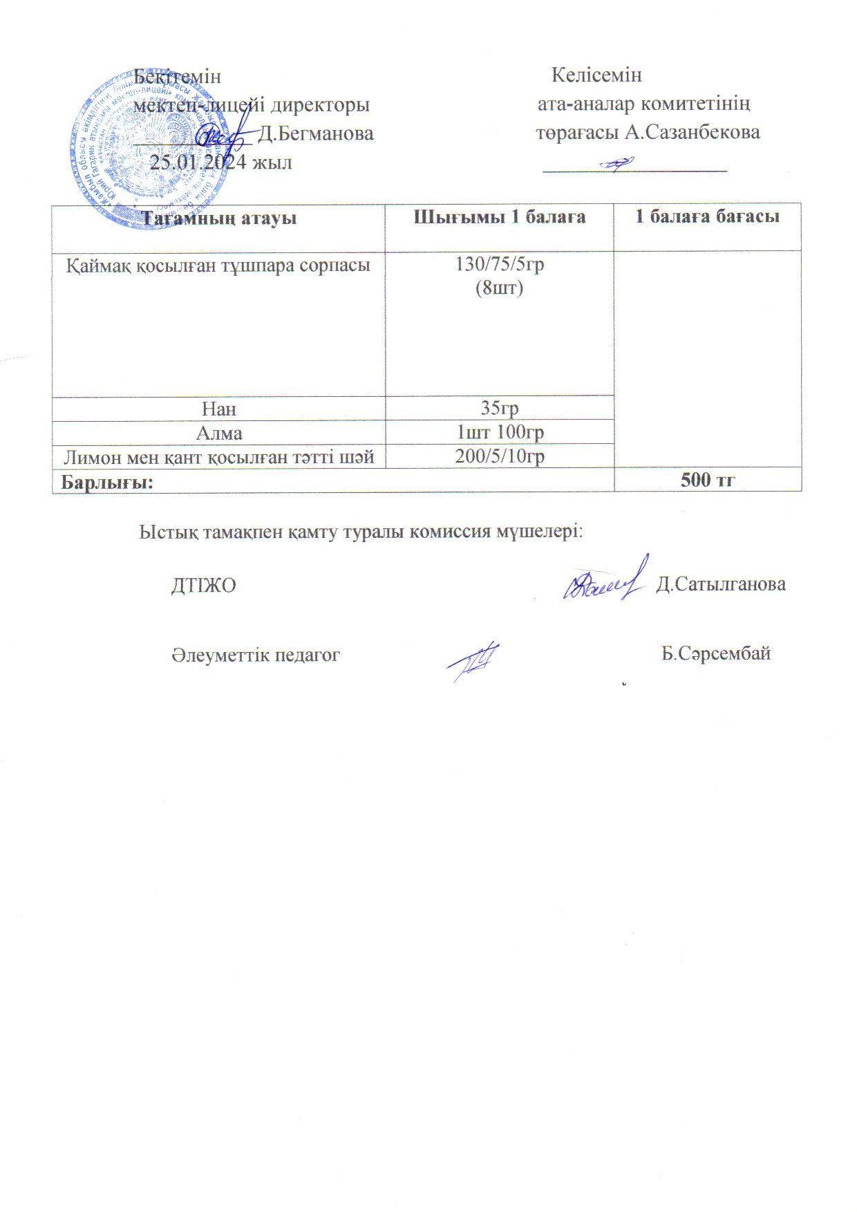 2023-2024 Қаңтар айының  25 күнгі меню