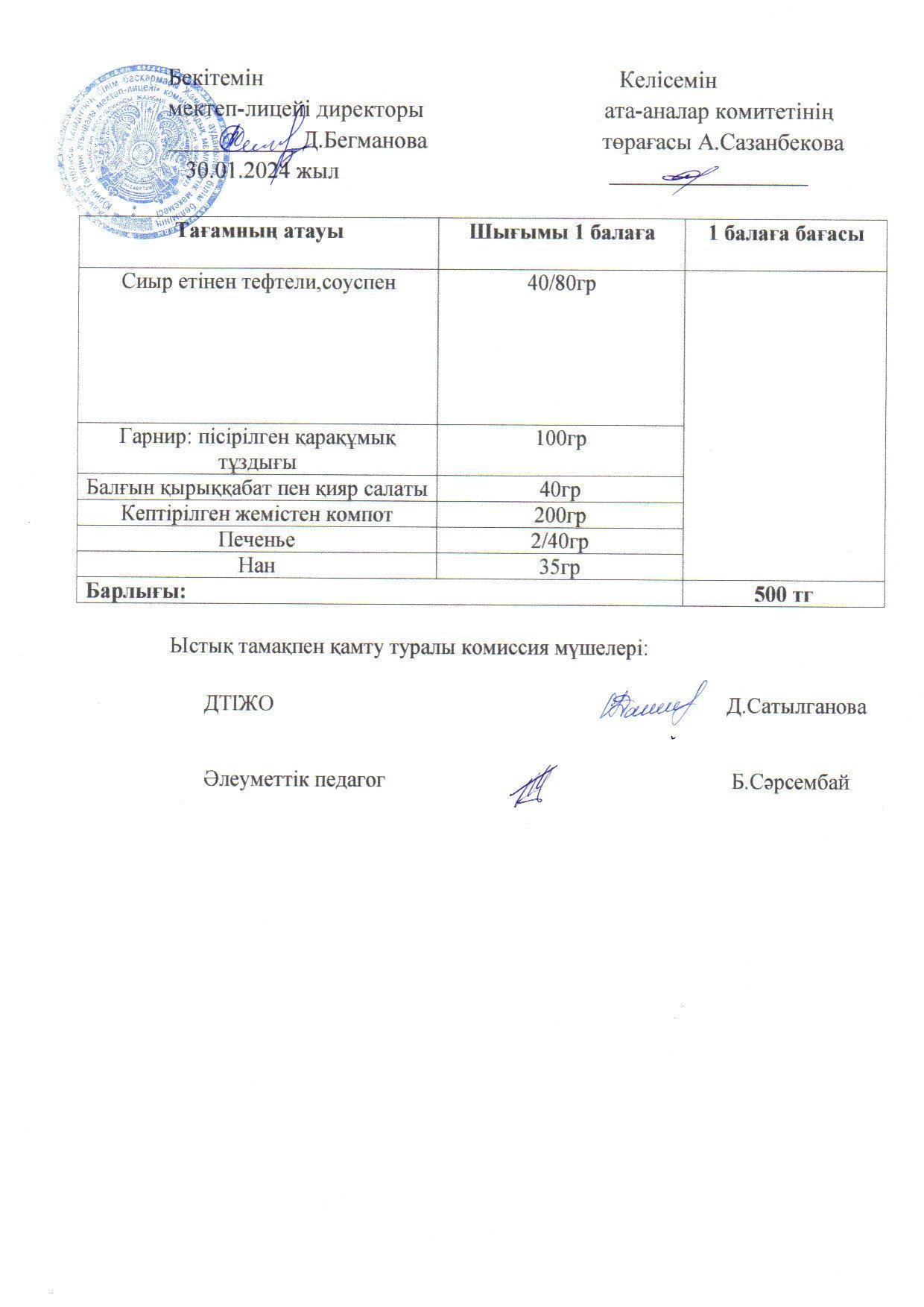 2023-2024 Қаңтар айының  30 күнгі меню