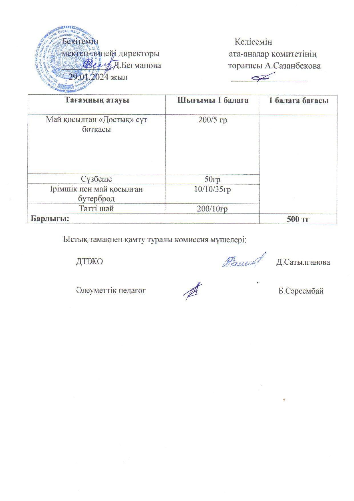 2023-2024 Қаңтар айының  29 күнгі меню