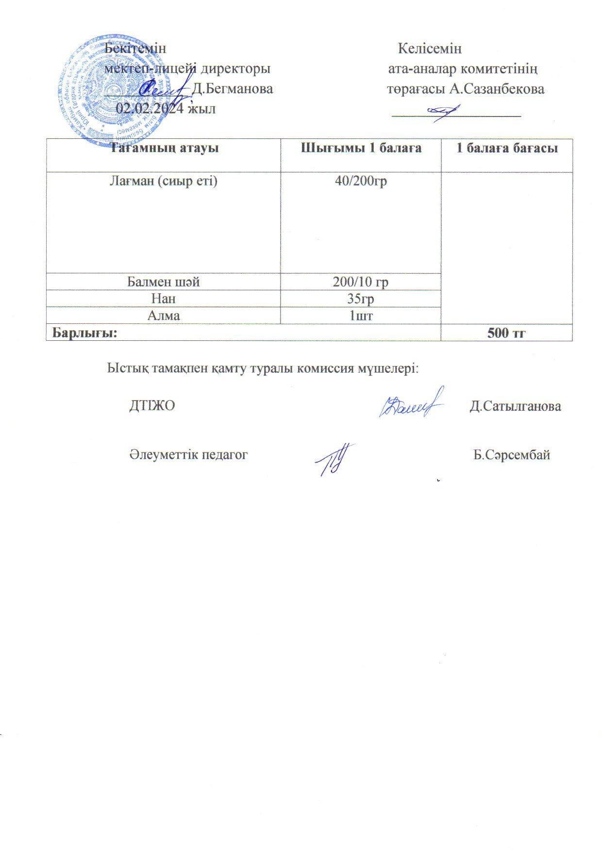 2023-2024 ақпан айының  02 күнгі меню