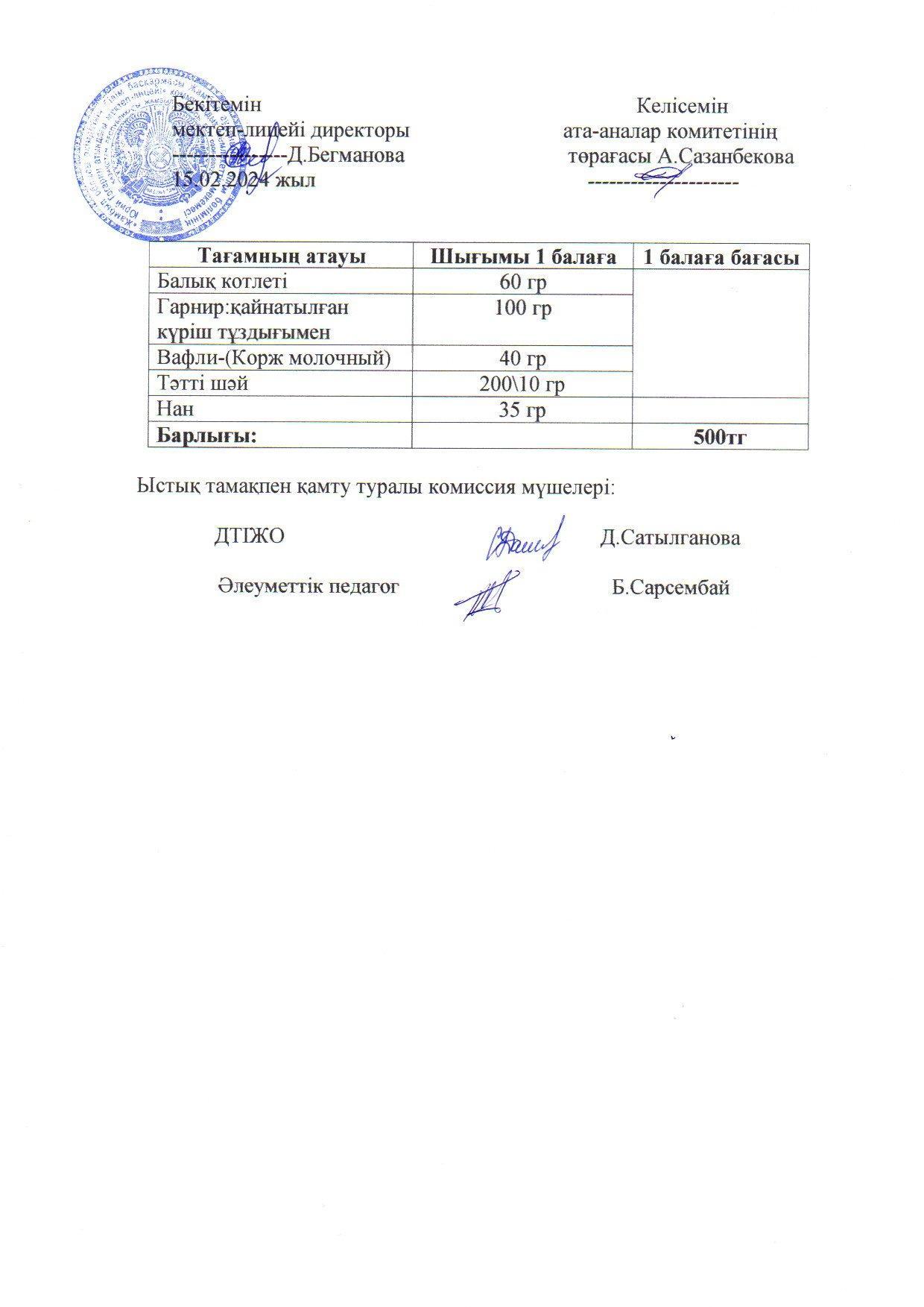 2023-2024 ақпан айының  15 күнгі меню