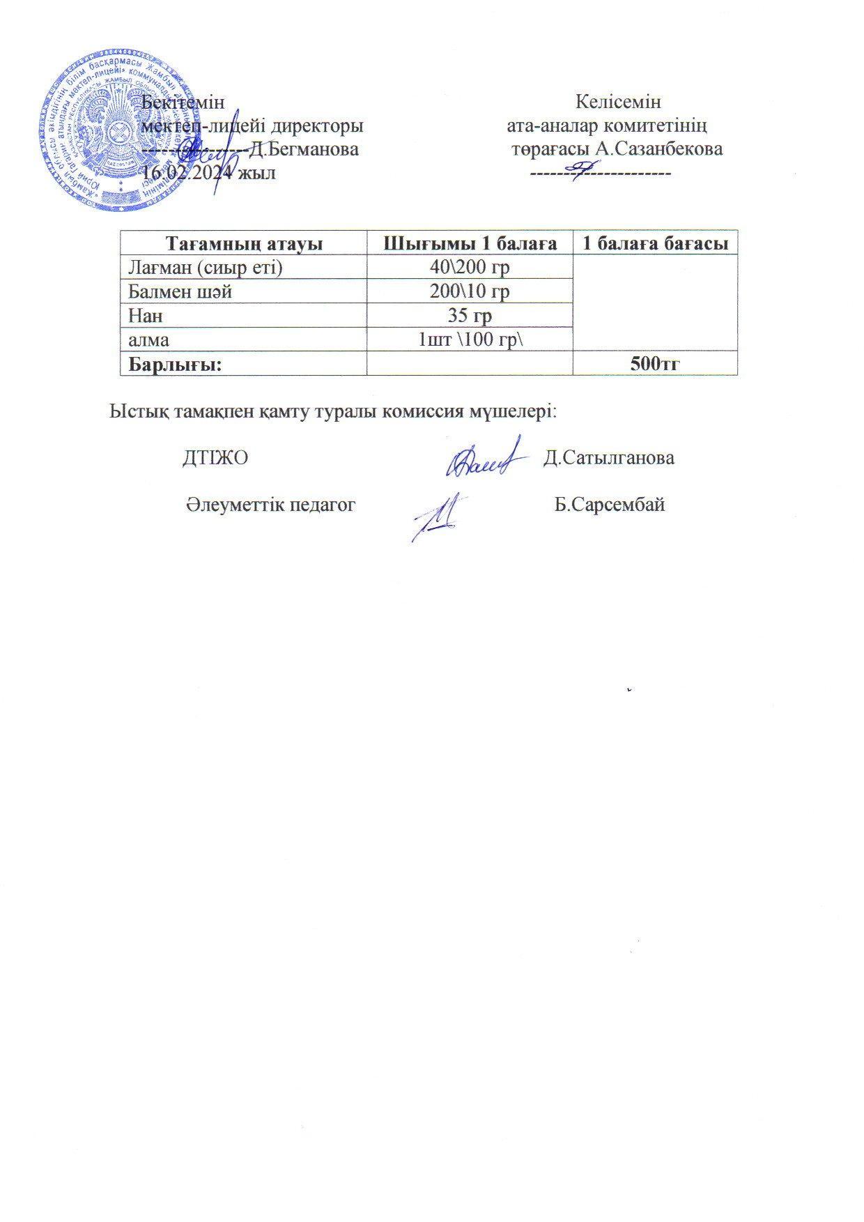 2023-2024 ақпан айының  16 күнгі меню