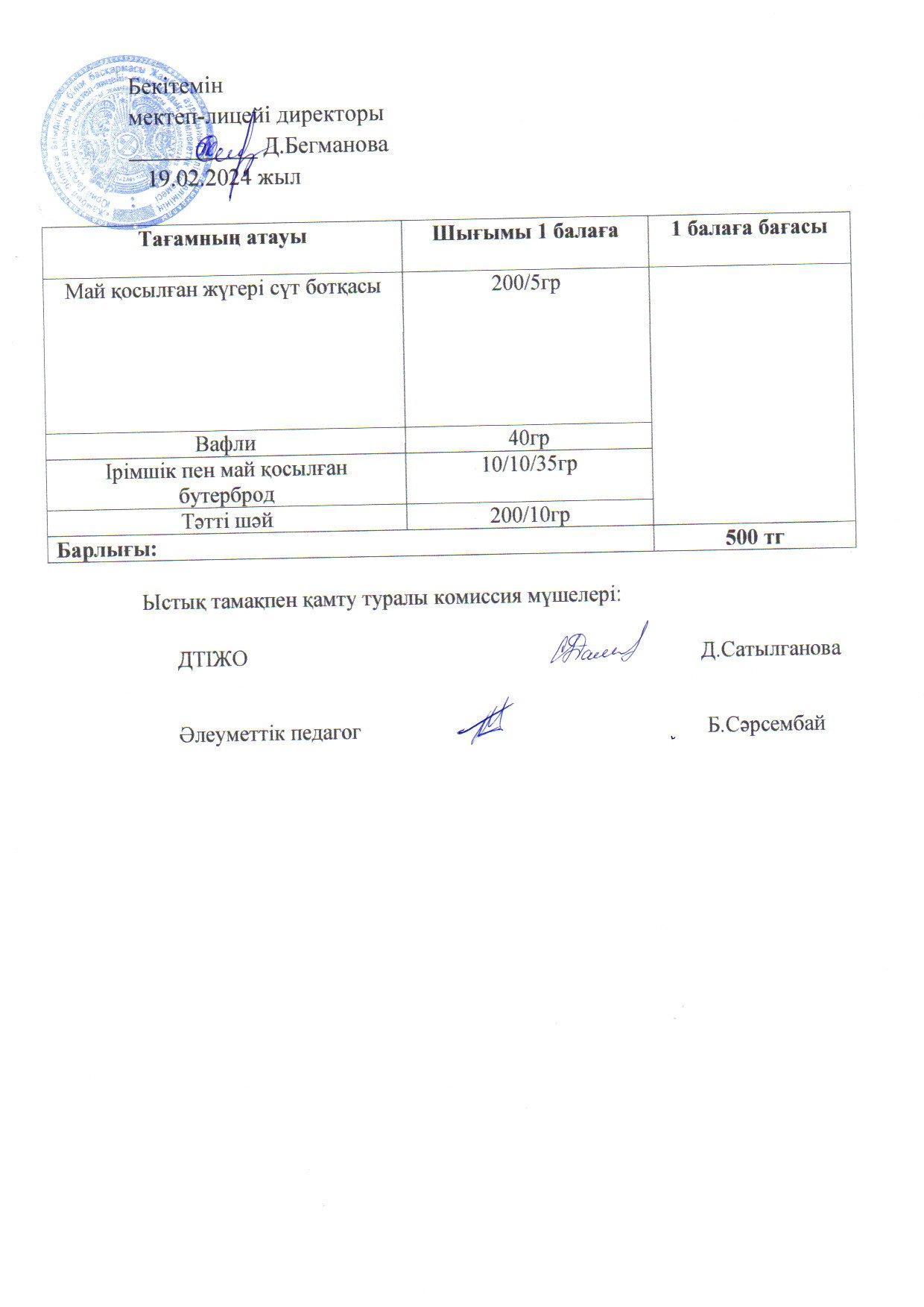 2023-2024 ақпан айының  19 күнгі меню