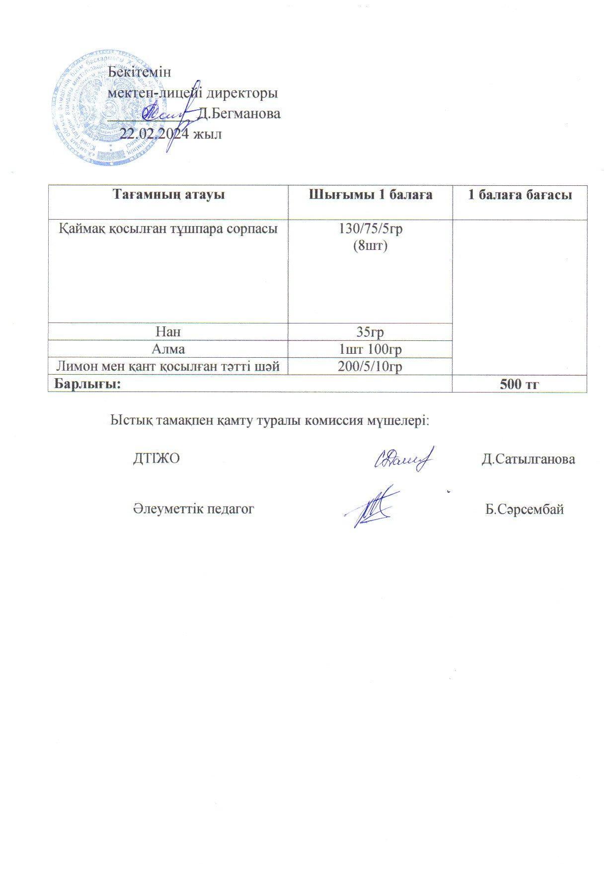 2023-2024 ақпан айының  22 күнгі меню