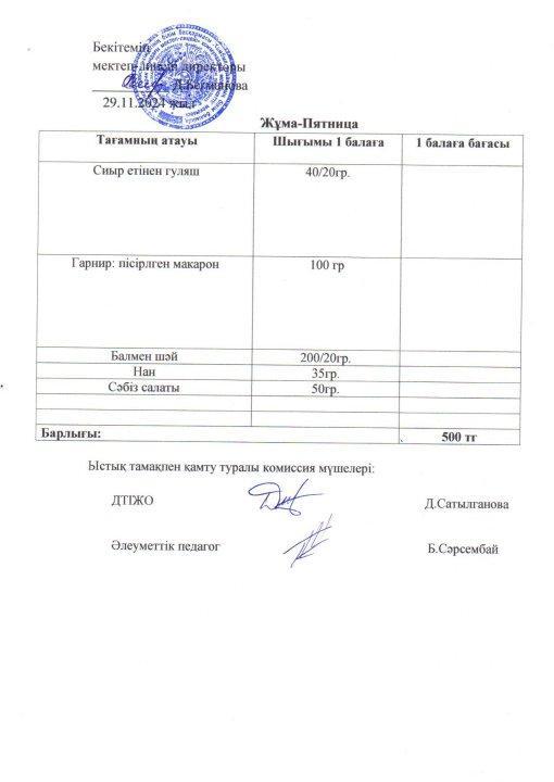 2024-2025 қараша айының 29 күнгі меню