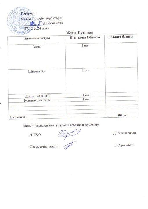 2024-2025 желтоқсан айының 27 күнгі меню