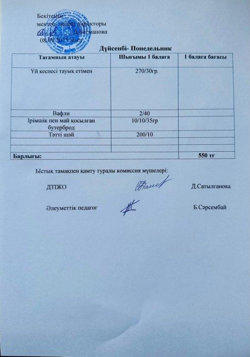 2025-2026 қыркүйек айының 08 күнгі меню