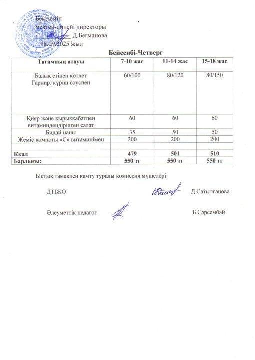2025-2026 қыркүйек айының 18 күнгі меню