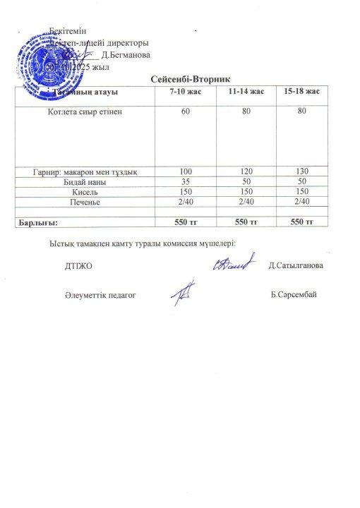 2025-2026 қазан айының 07 күнгі меню