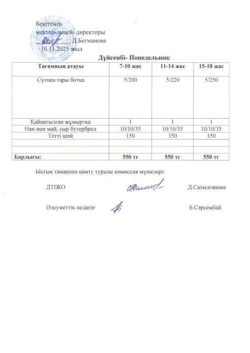 2025-2026 қараша айының 10 күнгі меню