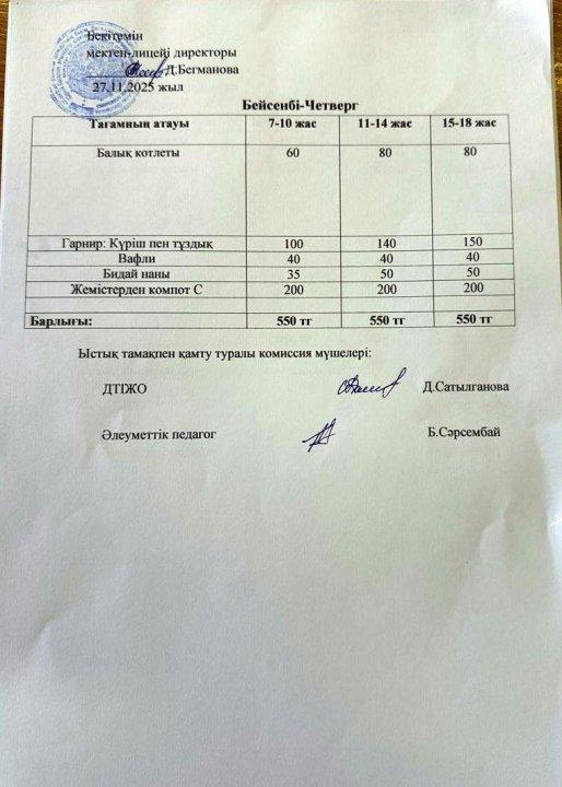 2025-2026 қараша айының 27 күнгі меню