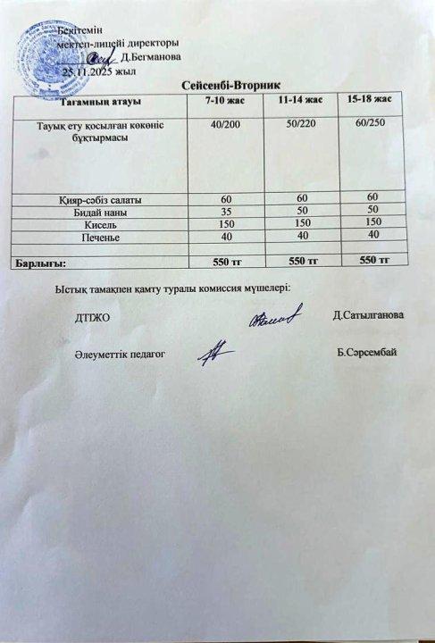 2025-2026 қараша айының 25 күнгі меню